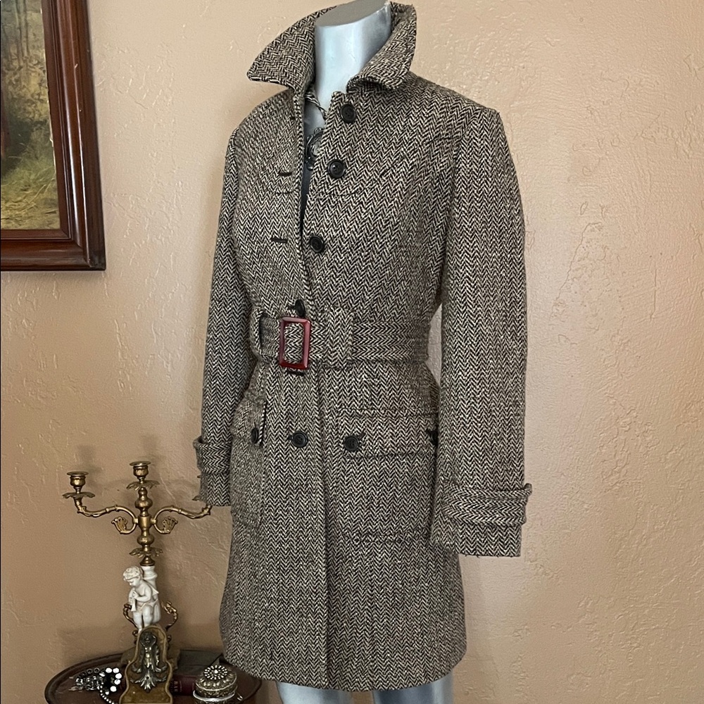 Ann Taylor Loft Elegant Brown Herringbone Trench Coat.  SZ 2P - Picture 2 of 7